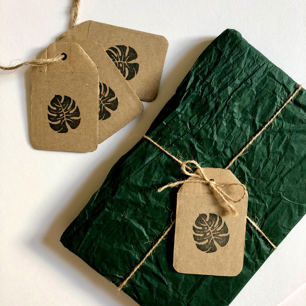 Hand stamped Monstera leaf gift tags Hand stamped Monstera leaf gift tags